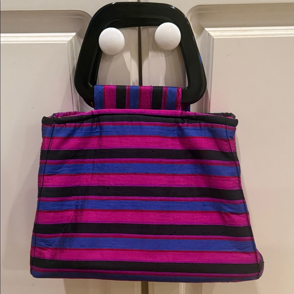 Striped Pink and Blue Women's Bag in dupioni silk lucite handles medium bag